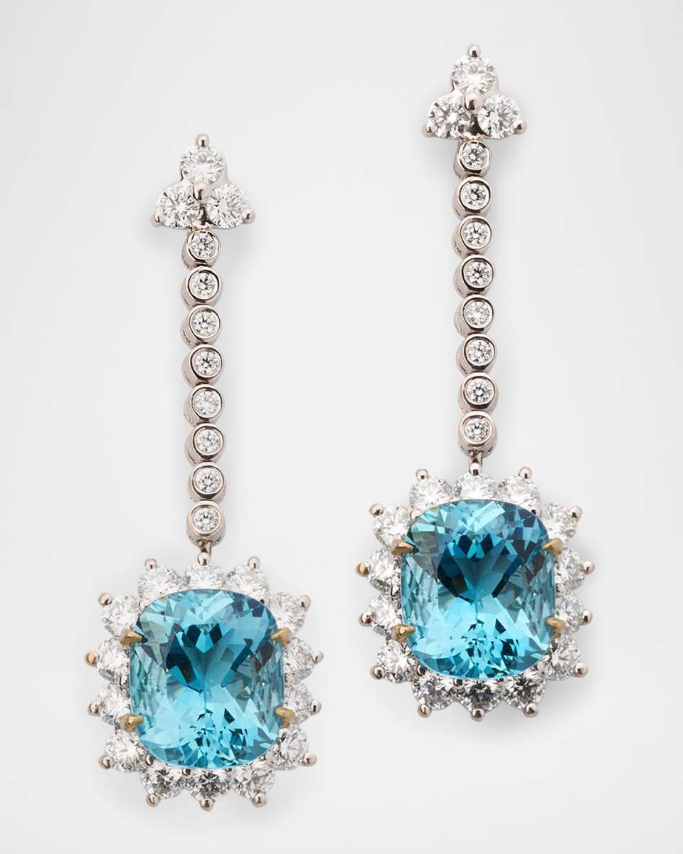 18K White Gold Diamond and Aquamaine Drop Earrings